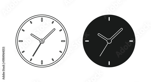 Two circular clocks displaying similar times one positive and one negative silhouette
