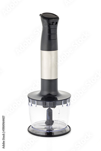 Immersion Hand Blender Isolated on White. Stainless Steel Hand Held Stick Blender. Modern Kitchen Blade Grinder. Electric Kitchen Small Appliances.