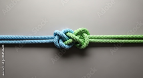 Two distinct ropes, one light blue and one light green, are intricately tied into a symbolic, decorative knot.