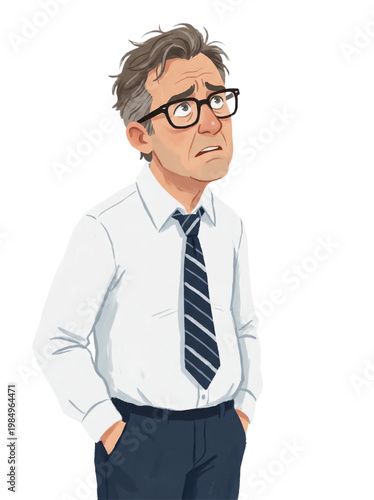 Worried businessman looking up with anxious expression representing stress uncertainty confusion and business problem concept