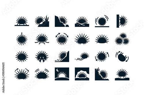 Sea urchin movement and behavior like crawling grazing hiding and interaction with ocean floor surfaces clean solid filled icon