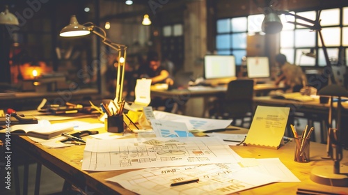 Interior view of a creative workspace with desks, lamps, and individuals working