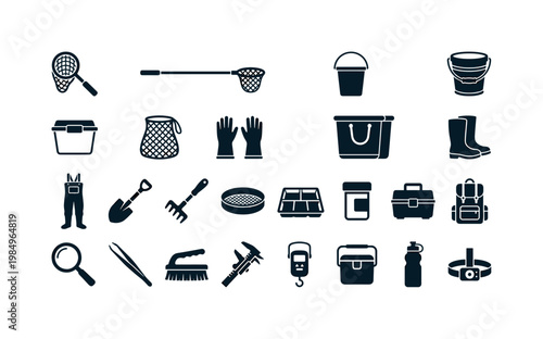 Freshwater shell related tools and collecting items like nets buckets gloves and simple field equipment for gathering shells clean