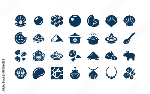Freshwater shell food and usage items like pearl extraction shells cooking forms and natural resource uses clean solid filled icon