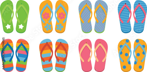 Flip flops illustration set, colorful summer sandals collection for beach vacation, casual footwear, and tropical lifestyle design.
