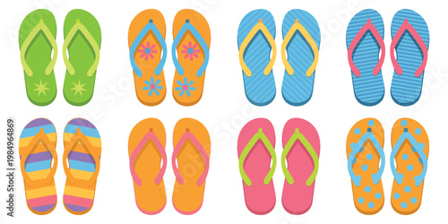Summer flip flops illustration set, colorful sandals for beach vacation, casual footwear, and tropical lifestyle design.