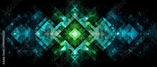 Colorful abstract design of stars and squares. The squares are green and the stars are blue