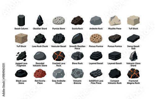 Volcanic rocks like basalt obsidian pumice and lava formations formed from cooled magma in volcanic landscapes clean solid filled