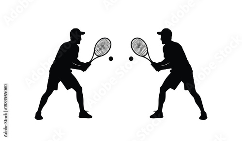 Two male tennis players are depicted in a dynamic pose mid match preparing to strike the ball against each other silhouette high quality professional