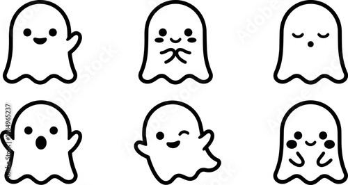 Cute black and white line art ghosts with different facial expressions vector art
