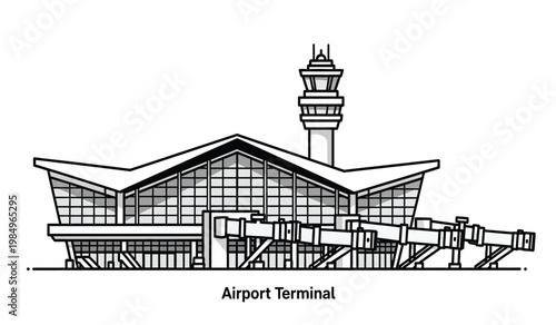 A detailed black and white line drawing depicts an airport terminal building with a control tower emphasizing its architectural form as a silhouette