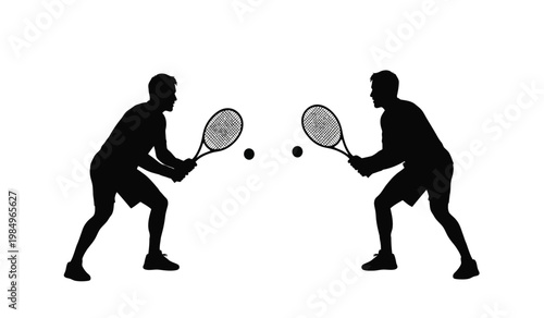 Two male tennis players are depicted in a dynamic pose ready to hit a ball across the net a striking silhouette high quality professional