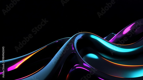 Black dark abstract background. Iridescent fluid liquid glass wave. Prism shape 3D render. Smooth curve transition. Rainbow light flare. Bright glow shimmer. Neon metallic futuristic blur texture