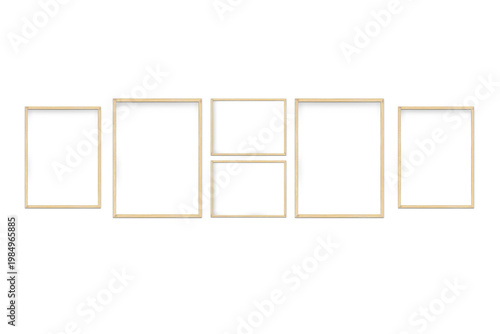 Blank wooden photo frame set arranged in a gallery wall layout isolated on a transparent background.
