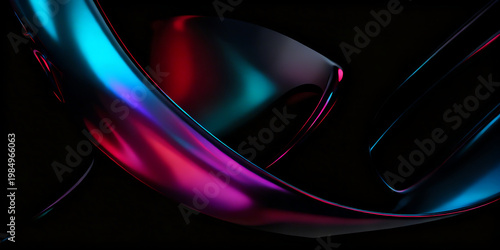  Black dark abstract background. Iridescent glass prism shape. Minimalist fluid 3D render. Camera flare, rainbow light reflection. Smooth curve. Glow shimmer neon metallic. Blurred digital texture.