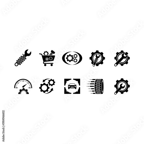 Black icons of tools and mechanisms.