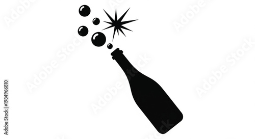 Black bottle with bubbles and starburst, champagne popping, celebration icon, vector graphic