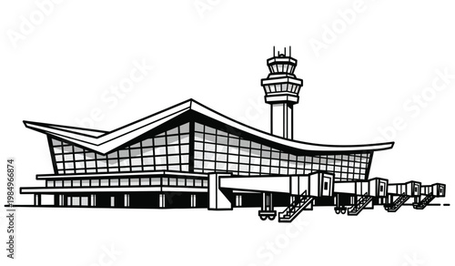 A striking black and white illustration depicts a modern airport terminal building with a control tower presenting a bold silhouette high quality professional detailed
