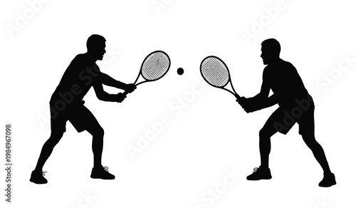 Two athletic men engaged in a dynamic tennis match poised to strike the ball with focused intensity a striking silhouette high quality professional detailed