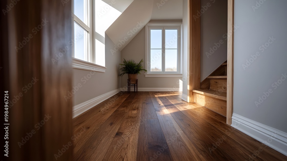 Fototapeta premium Bright natural light streams through large illuminating the hardwood floor and staircase of a modern empty interior