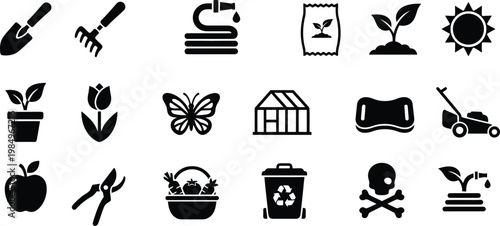 Gardening icons featuring various tools and plants for vector graphic illustration design