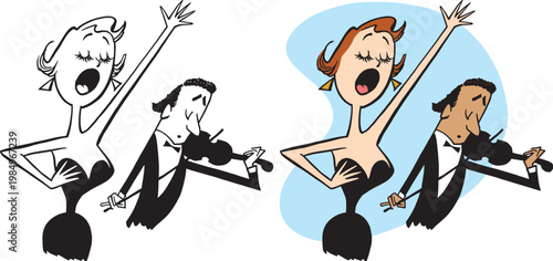 A vintage retro cartoon of a woman singing as a man plays a violin.