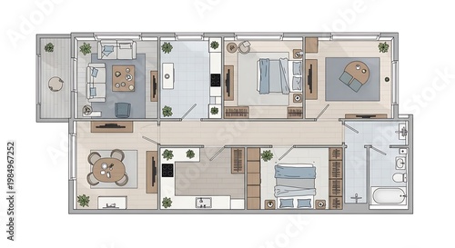 Modern two-story house floor plan with detailed interior design and layout