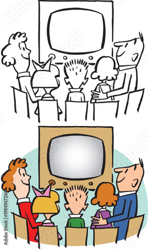 A vintage retro cartoon of a family gathered around a television watching a show. 