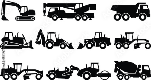 Black silhouettes of various construction vehicles and heavy machinery equipment