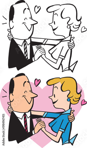 A vintage retro cartoon of a loving couple in an embrace. 