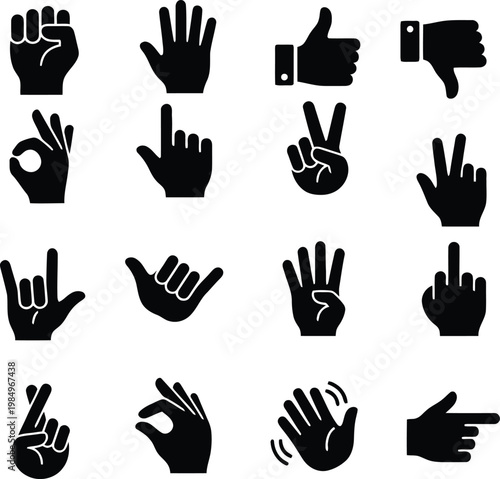 A collection of various hand gestures in black and white vector illustration for design and communication purposes easily.