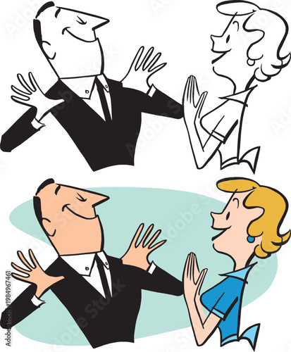 A vintage retro cartoon of a boastful husband and a proud wife. 