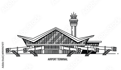 A striking black and white illustration depicts an airport terminal building with a control tower showcasing architectural details as a silhouette high quality professional