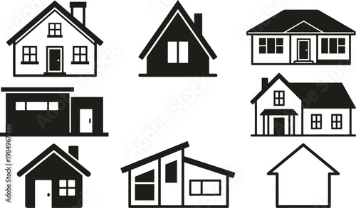 A set of eight different house designs in black and white vector illustration
