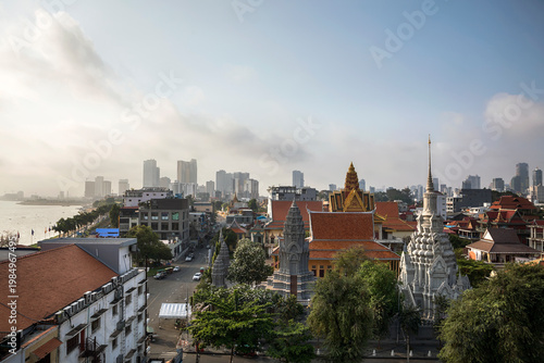Cityscape Aerial View of Phnom Penh Cambodia Skyline with Mekong River and Royal Palace Area Phnom Penh