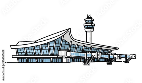 A detailed illustration showcases a classic mid century modern airport terminal building with a control tower presented as a striking silhouette high quality professional
