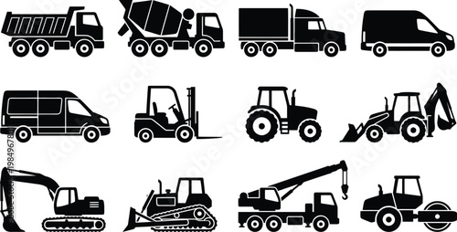 Vector illustration of various construction and transportation vehicles in black and white