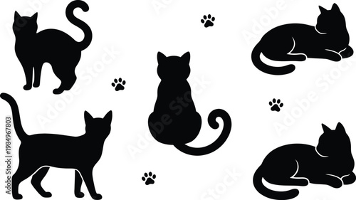 Black cat silhouettes in various poses with paw prints on white background vector illustration graphic design