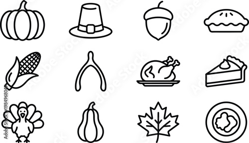 Thanksgiving icons including pumpkin, pilgrim hat, acorn, pie, corn, wishbone, roasted turkey, cake, turkey bird, pear, leaf, and plate