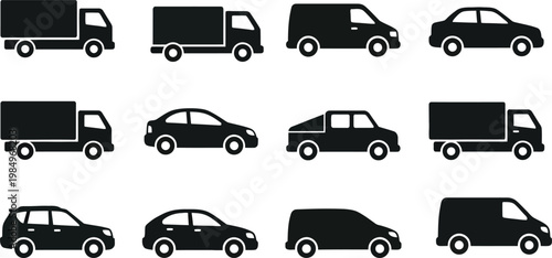 A collection of various vehicle silhouettes including cars, trucks, vans, and a tractor in a simple vector graphic illustration