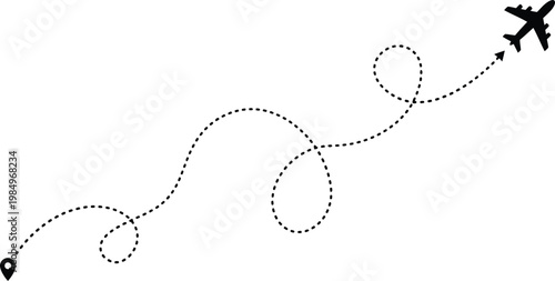 Vector graphic illustration of airplane flying with a dotted path