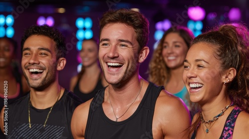 Diverse Friends Laughing During Group Workout Class in Modern Gym Studio with Colorful LED Lighting