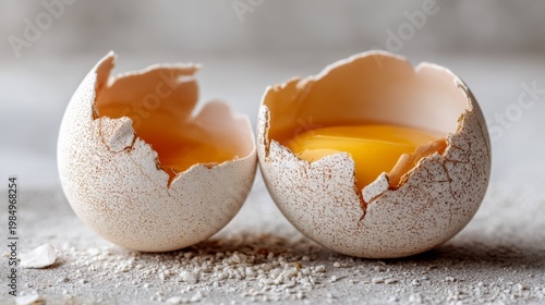 Fresh Cracked Eggshell Halves with Bright Yellow Yolk on Kitchen Surface