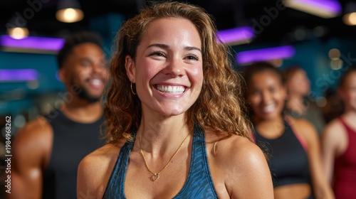 Diverse Friends Laughing During Group Workout Class in Modern Gym Studio with Colorful LED Lighting