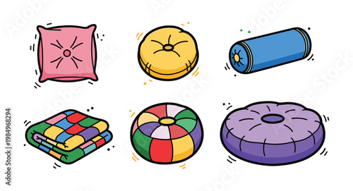 Set of 6 Colorful Pillow, Cushion and Blanket Icons in Various Shapes Including Round, Square and Bolster, Isolated on White