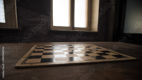 Chess board game concept of business ideas and competition. Empty chessboard on wooden table. Dark background.
