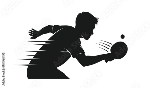 A dynamic illustration depicts a table tennis player in mid swing focused on the ball presented as a striking silhouette high quality professional detailed