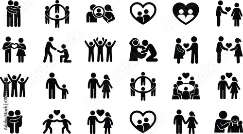 Vector graphic illustration of diverse stick figures showing love and support