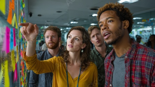 Diverse Team Collaborating Around Glass Board with Sticky Notes in Modern Startup Office