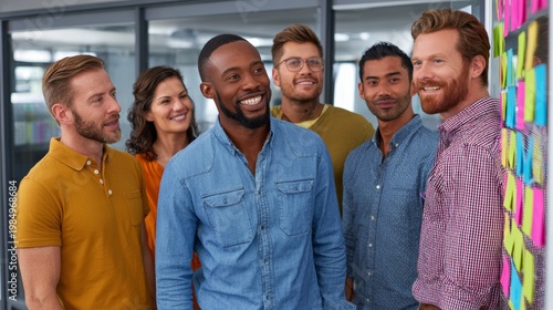 Diverse Team Collaborating Around Glass Board with Sticky Notes in Modern Startup Office